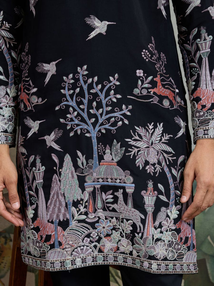 BLACK VISCOSE SILK THREAD & SEQUENCE EMBROIDERED WORK KURTA - qivii