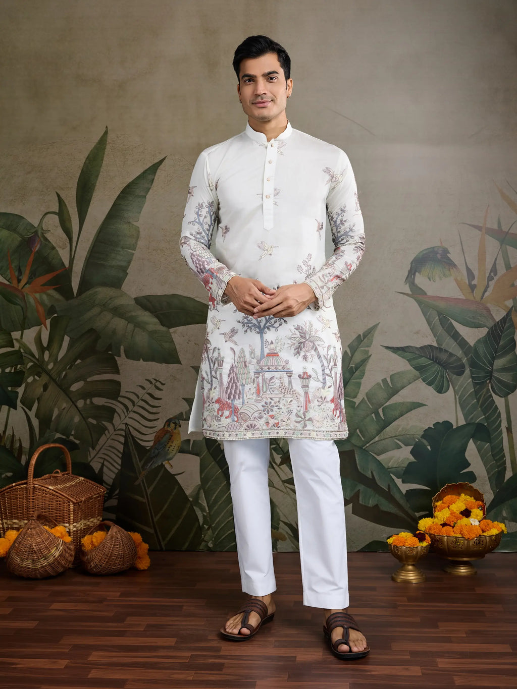 White Viscose Silk Thread & Sequence Embroidered Work Kurta With Pant