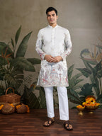 White Viscose Silk Thread & Sequence Embroidered Work Kurta With Pant