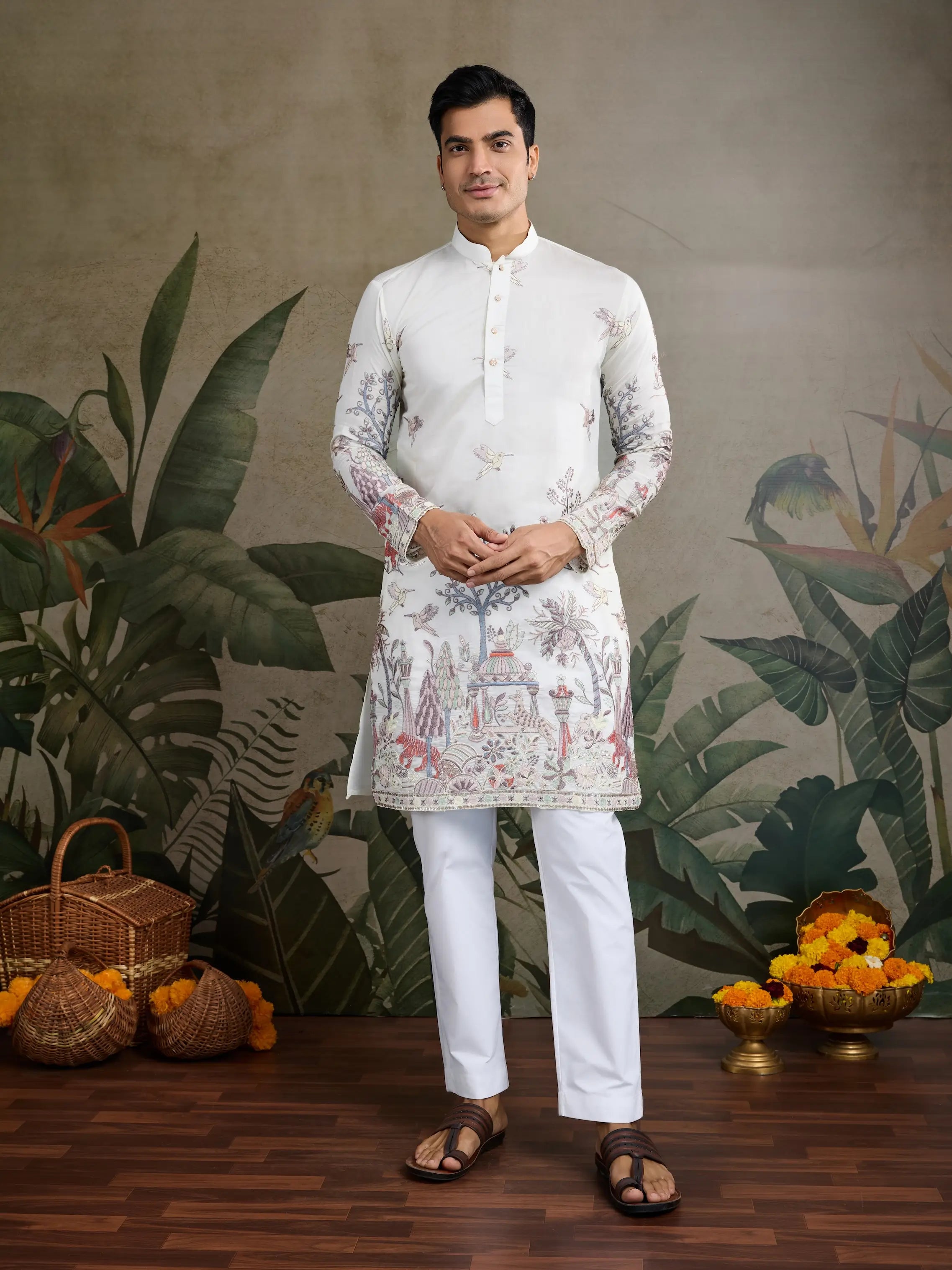 White Viscose Silk Thread & Sequence Embroidered Work Kurta With Pant