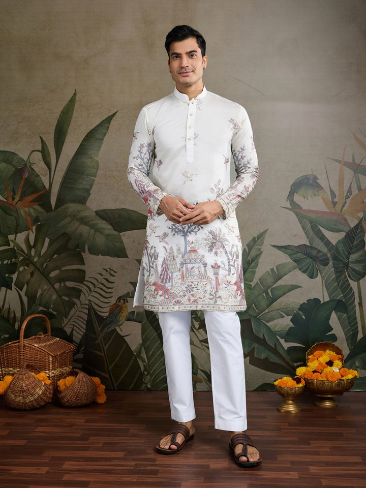 WHITE VISCOSE SILK THREAD & SEQUENCE EMBROIDERED WORK KURTA - qivii