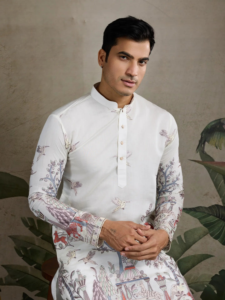 White Viscose Silk Thread & Sequence Embroidered Work Kurta With Pant - qivii