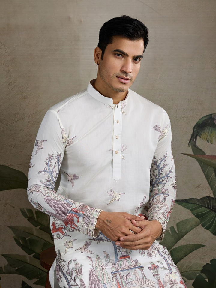 WHITE VISCOSE SILK THREAD & SEQUENCE EMBROIDERED WORK KURTA - qivii