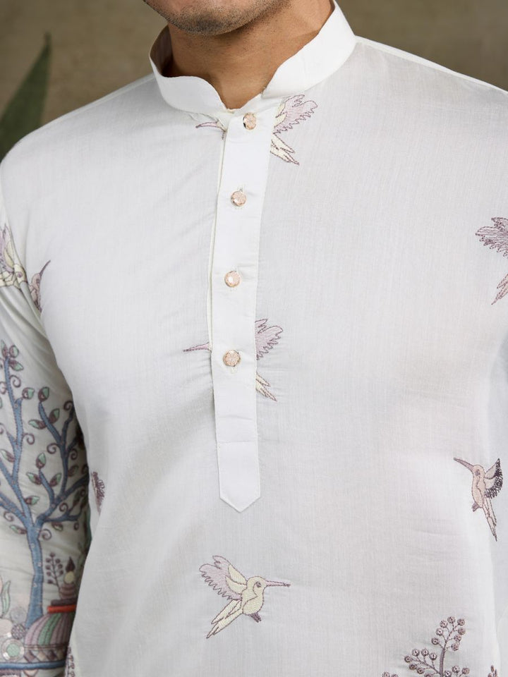 WHITE VISCOSE SILK THREAD & SEQUENCE EMBROIDERED WORK KURTA - qivii