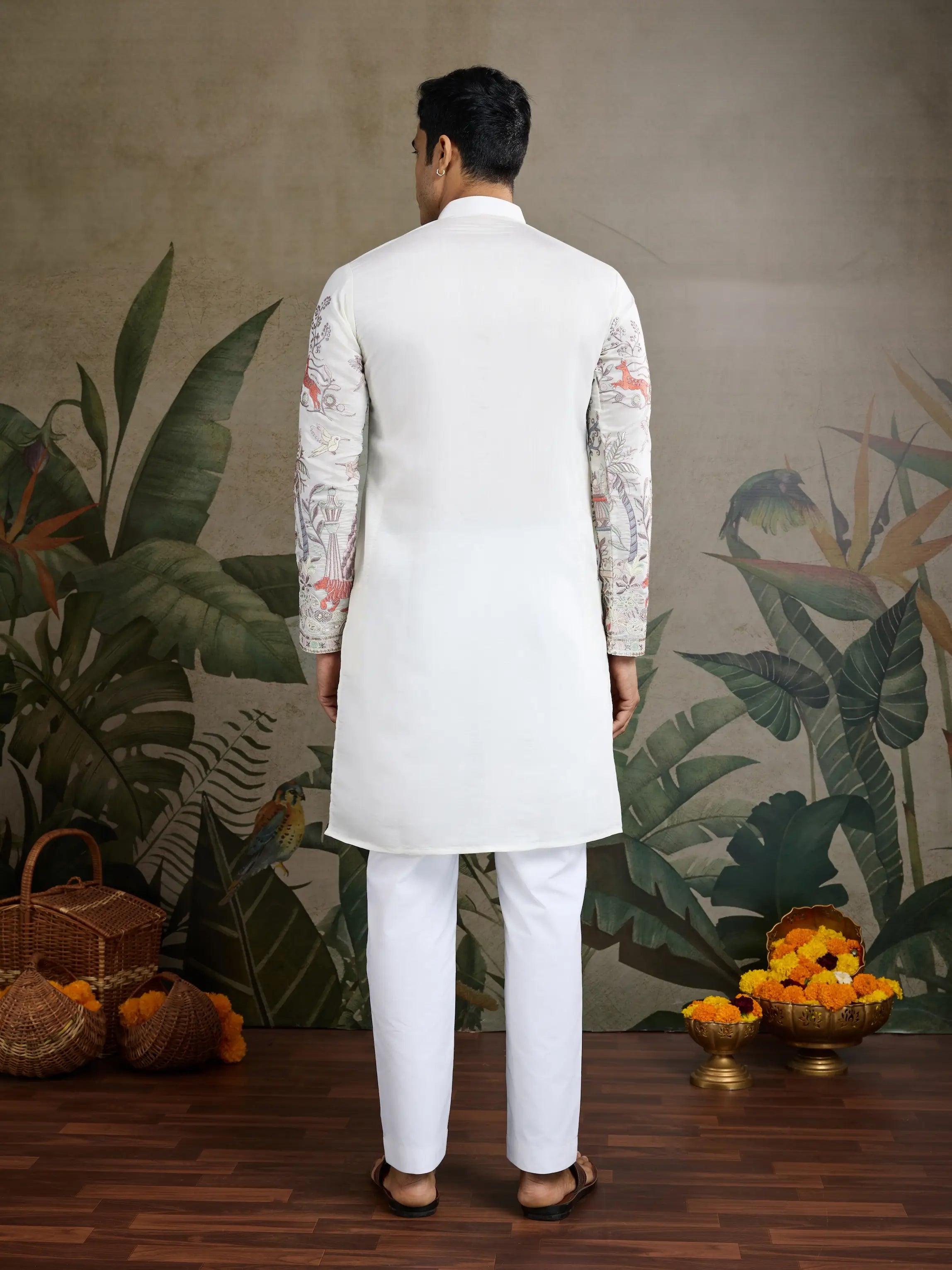 White Viscose Silk Thread & Sequence Embroidered Work Kurta With Pant