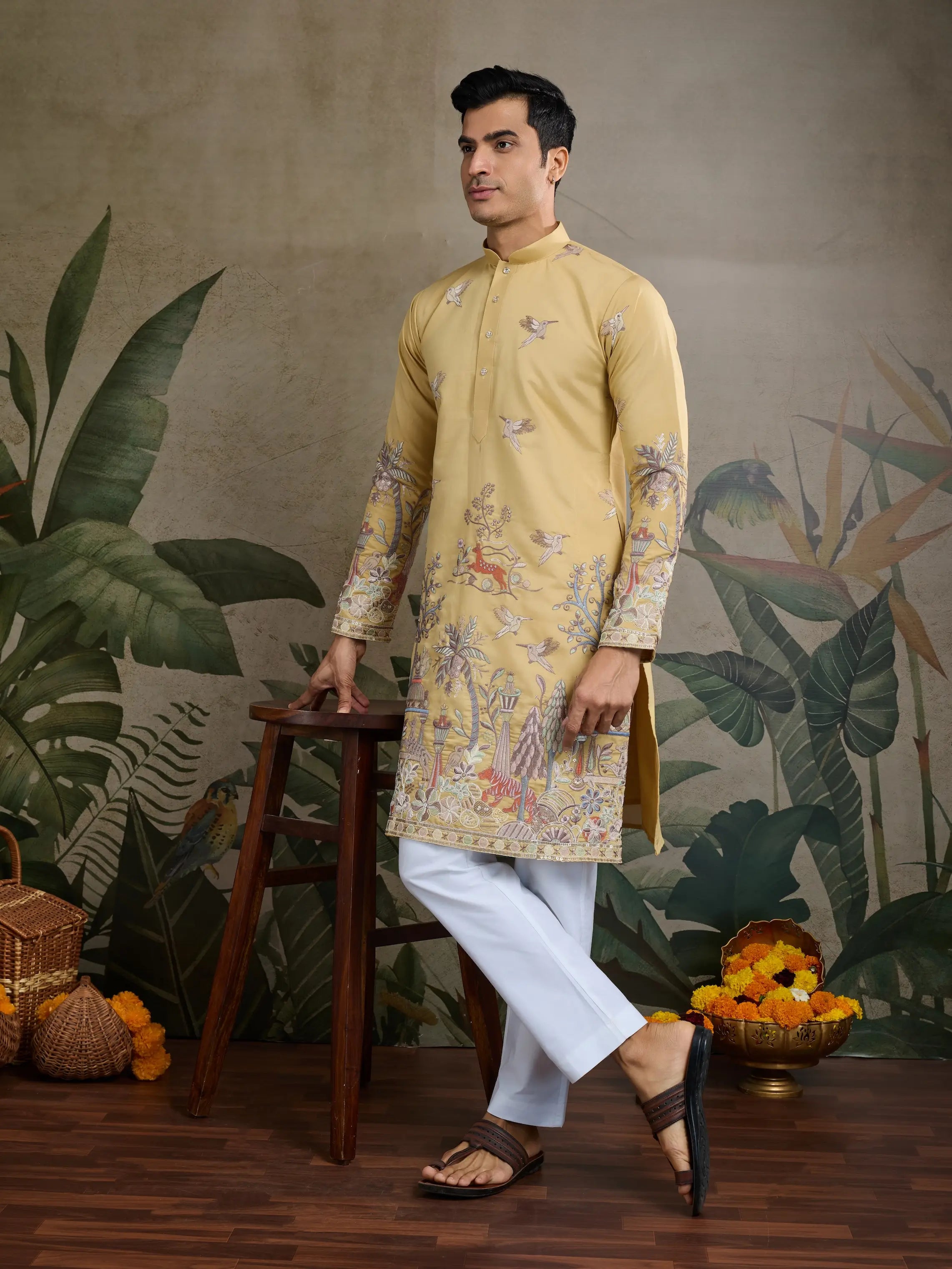 Yellow Viscose Silk Thread & Sequence Embroidered Work Kurta With Pant