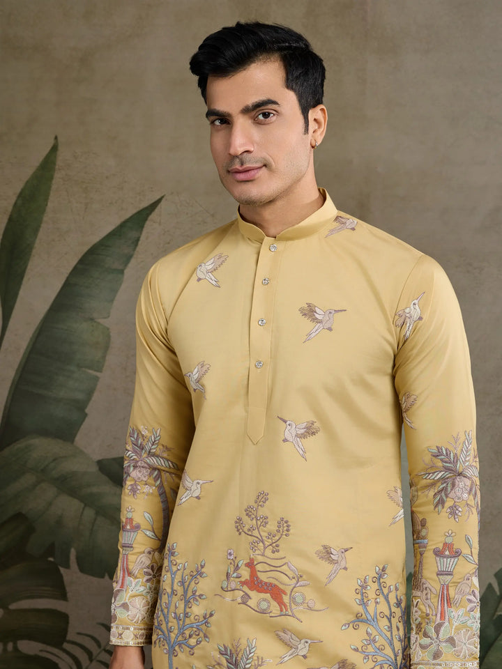 Yellow Viscose Silk Thread & Sequence Embroidered Work Kurta With Pant - qivii