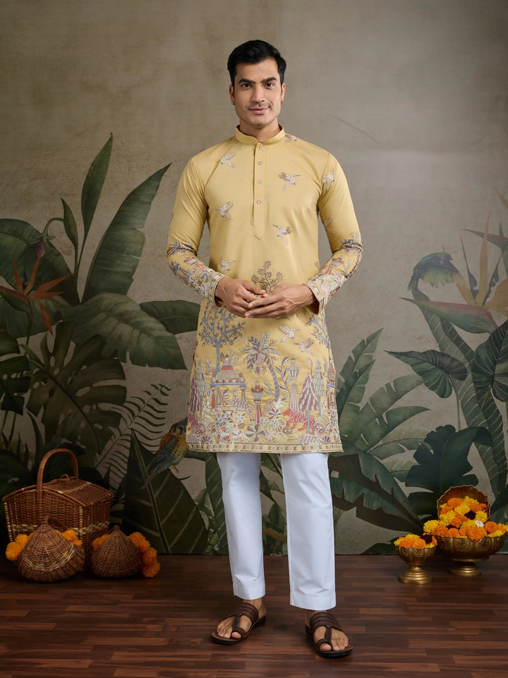 Yellow Viscose Silk Thread & Sequence Embroidered Work Kurta With Pant - qivii
