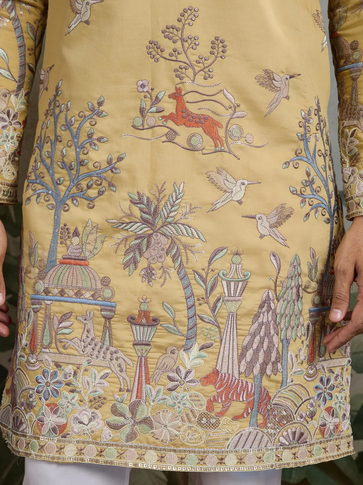Yellow Viscose Silk Thread & Sequence Embroidered Work Kurta With Pant - qivii