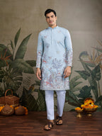 Sky Viscose Silk Thread & Sequence Embroidered Work Kurta With Pant
