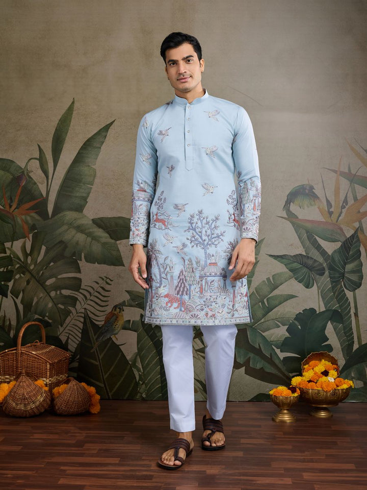 SKY BLUE VISCOSE SILK THREAD & SEQUENCE EMBROIDERED WORK KURTA - qivii