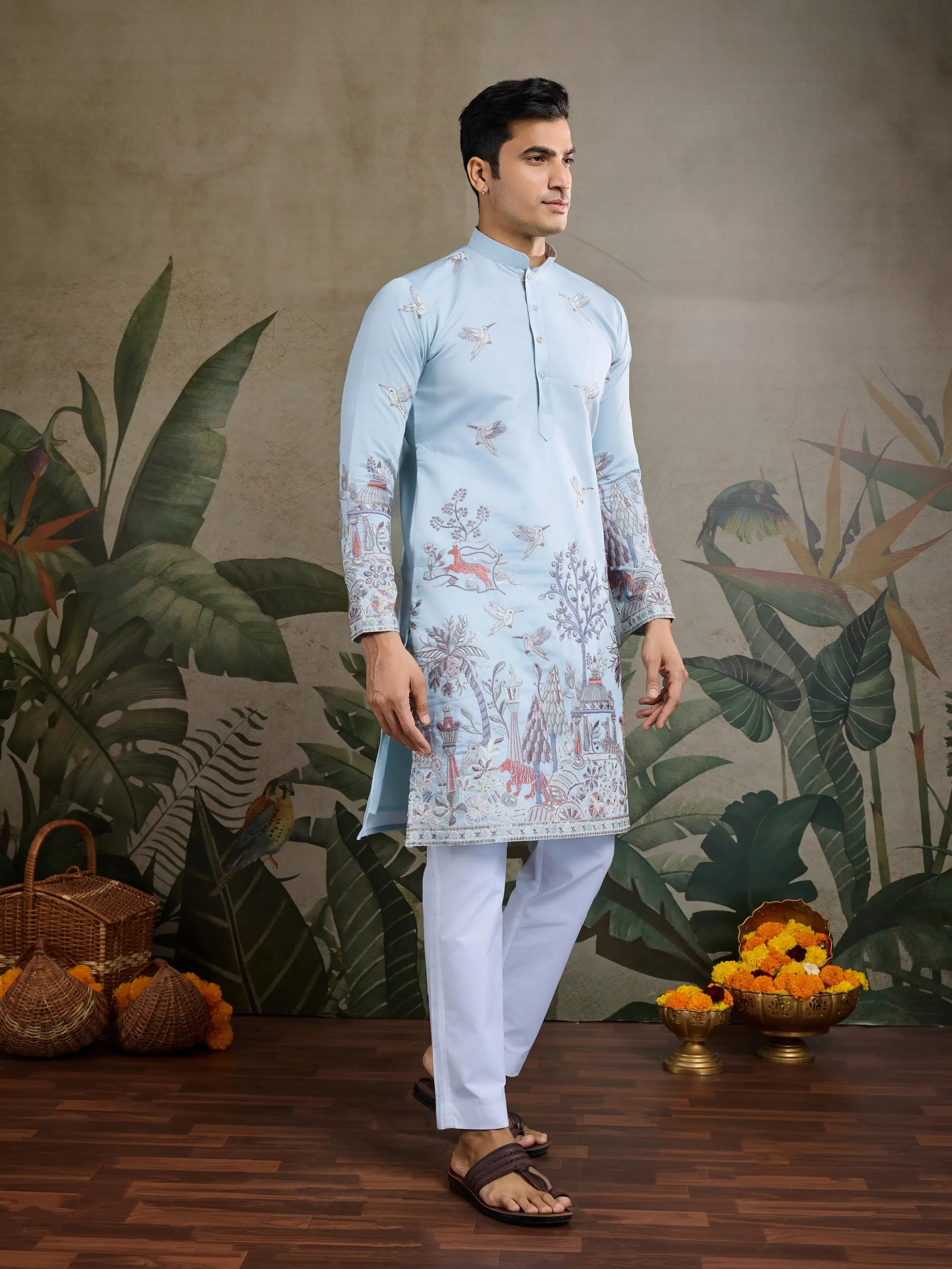 Sky Viscose Silk Thread & Sequence Embroidered Work Kurta With Pant