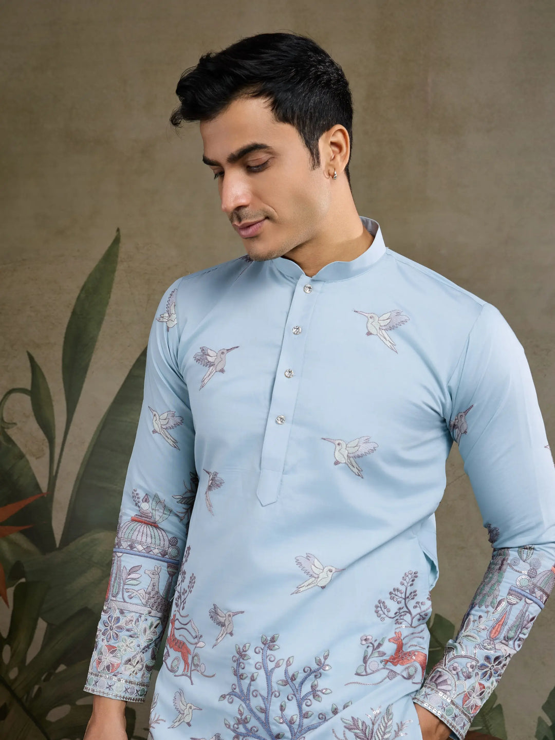 Sky Viscose Silk Thread & Sequence Embroidered Work Kurta With Pant - qivii