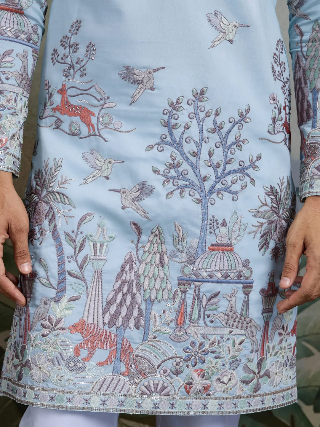 Sky Viscose Silk Thread & Sequence Embroidered Work Kurta With Pant - qivii