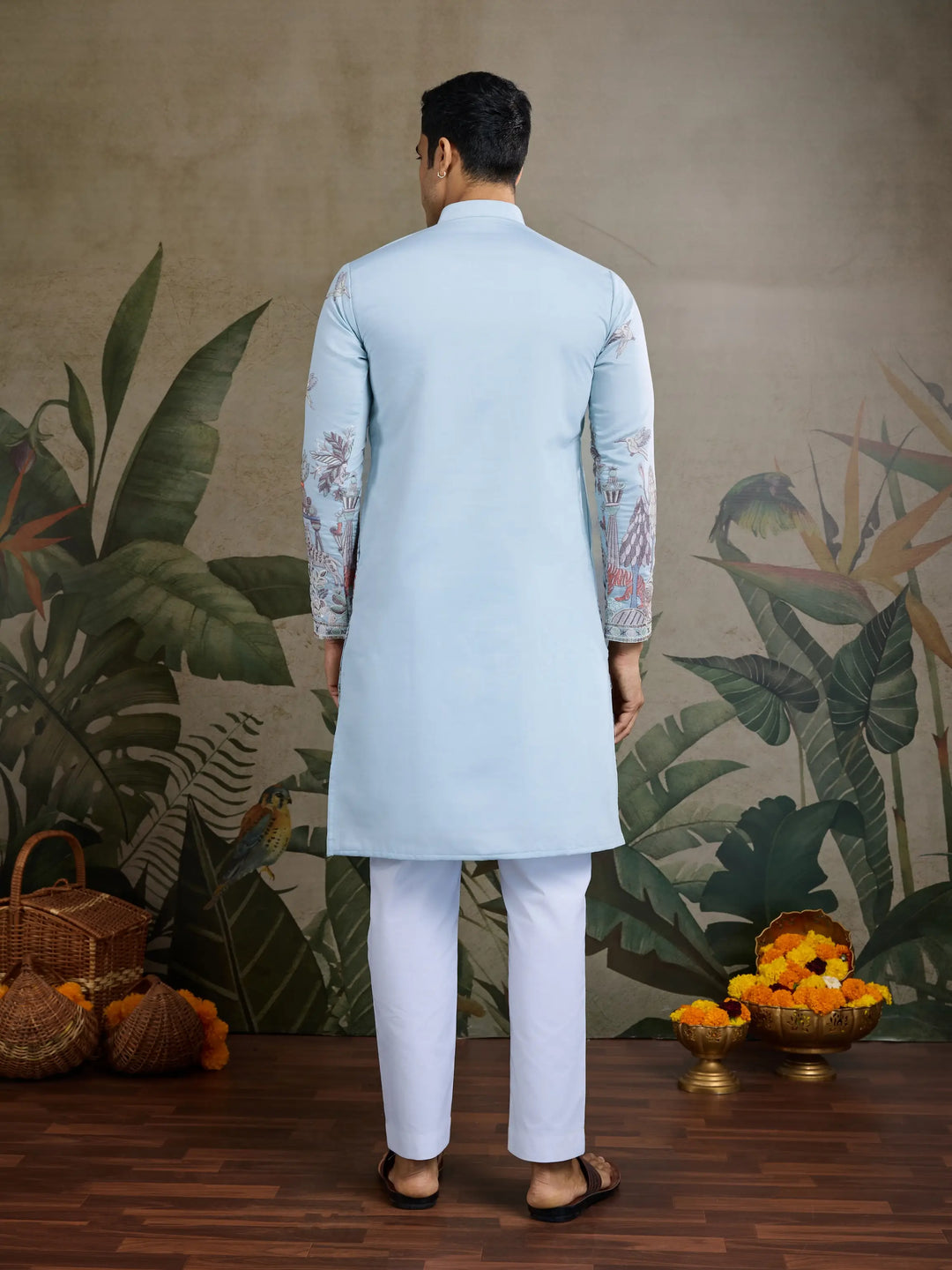 Sky Viscose Silk Thread & Sequence Embroidered Work Kurta With Pant - qivii