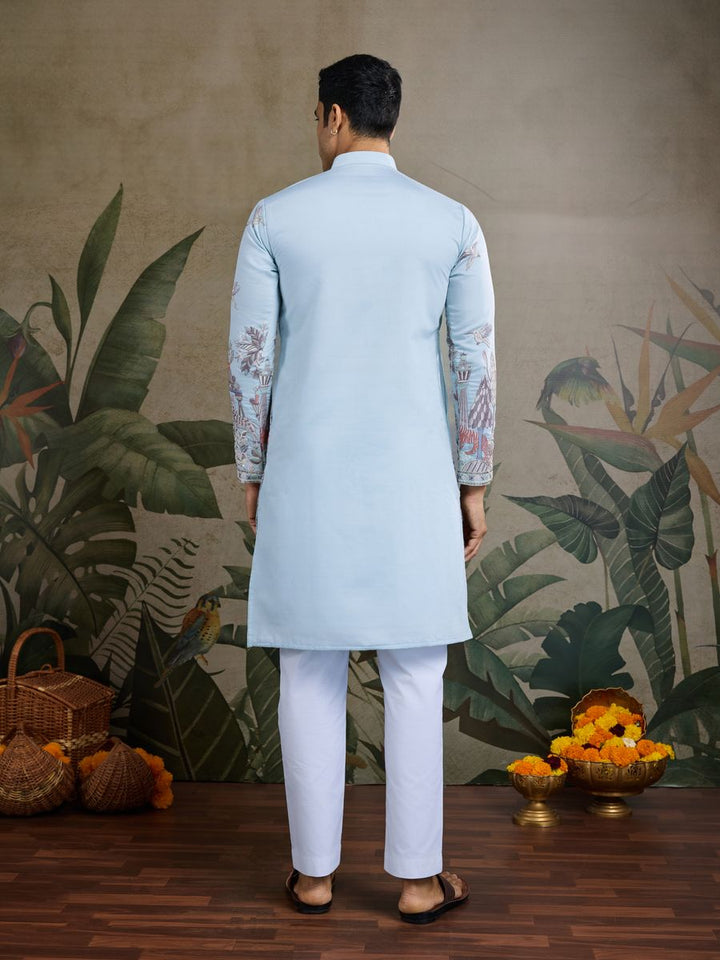 SKY BLUE VISCOSE SILK THREAD & SEQUENCE EMBROIDERED WORK KURTA - qivii