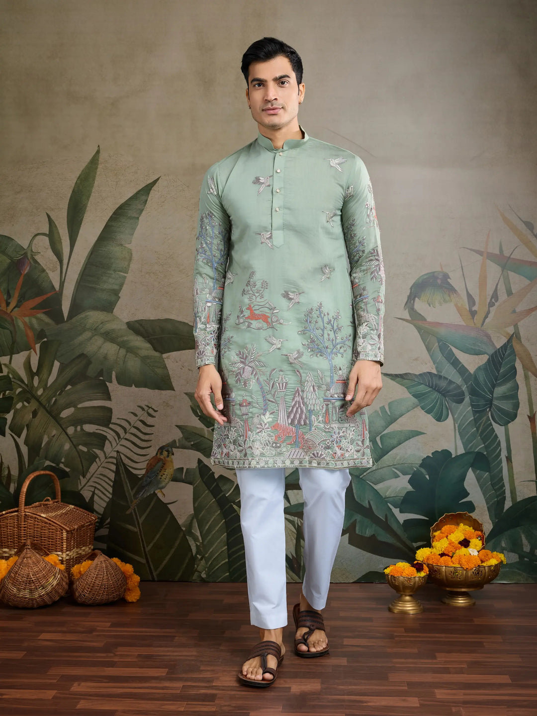Pista Green Viscose Silk Thread & Sequence Embroidered Work Kurta With Pant - qivii