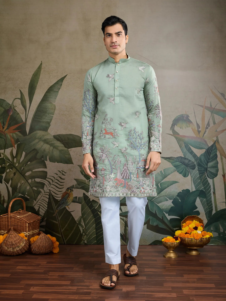 Pista Green Viscose Silk Thread & Sequence Embroidered Work Kurta With Pant - qivii