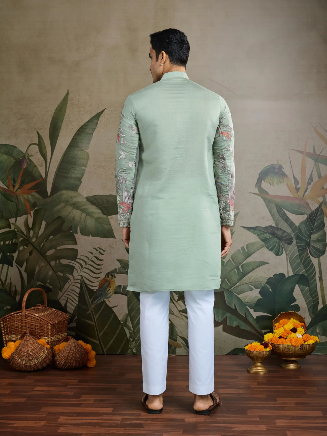 Pista Green Viscose Silk Thread & Sequence Embroidered Work Kurta With Pant - qivii