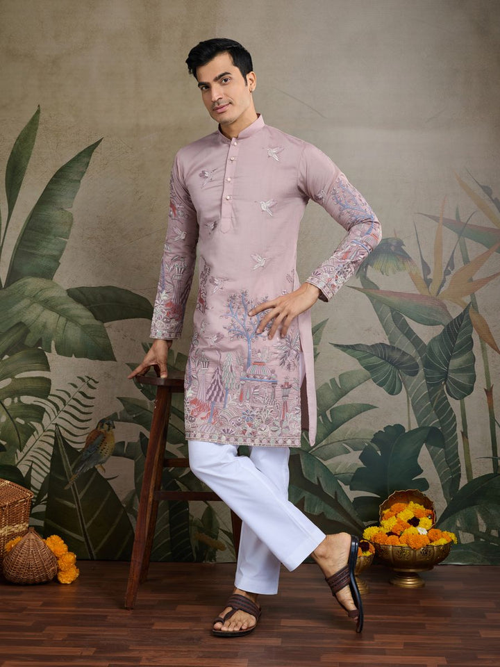 PEACH VISCOSE SILK THREAD & SEQUENCE EMBROIDERED WORK KURTA - qivii