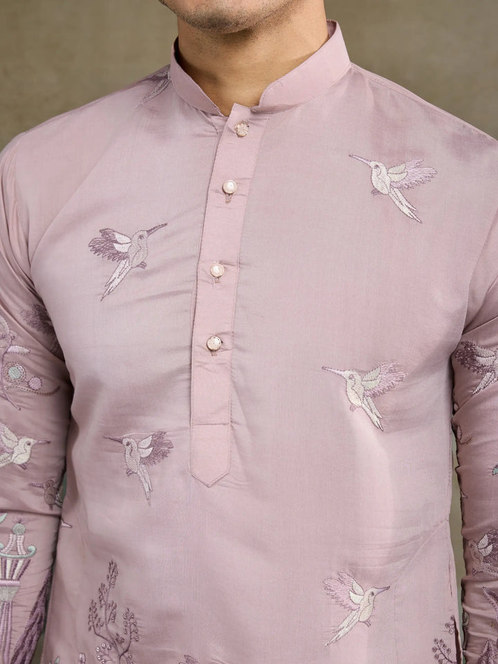 Peach Viscose Silk Thread & Sequence Embroidered Work Kurta With Pant - qivii