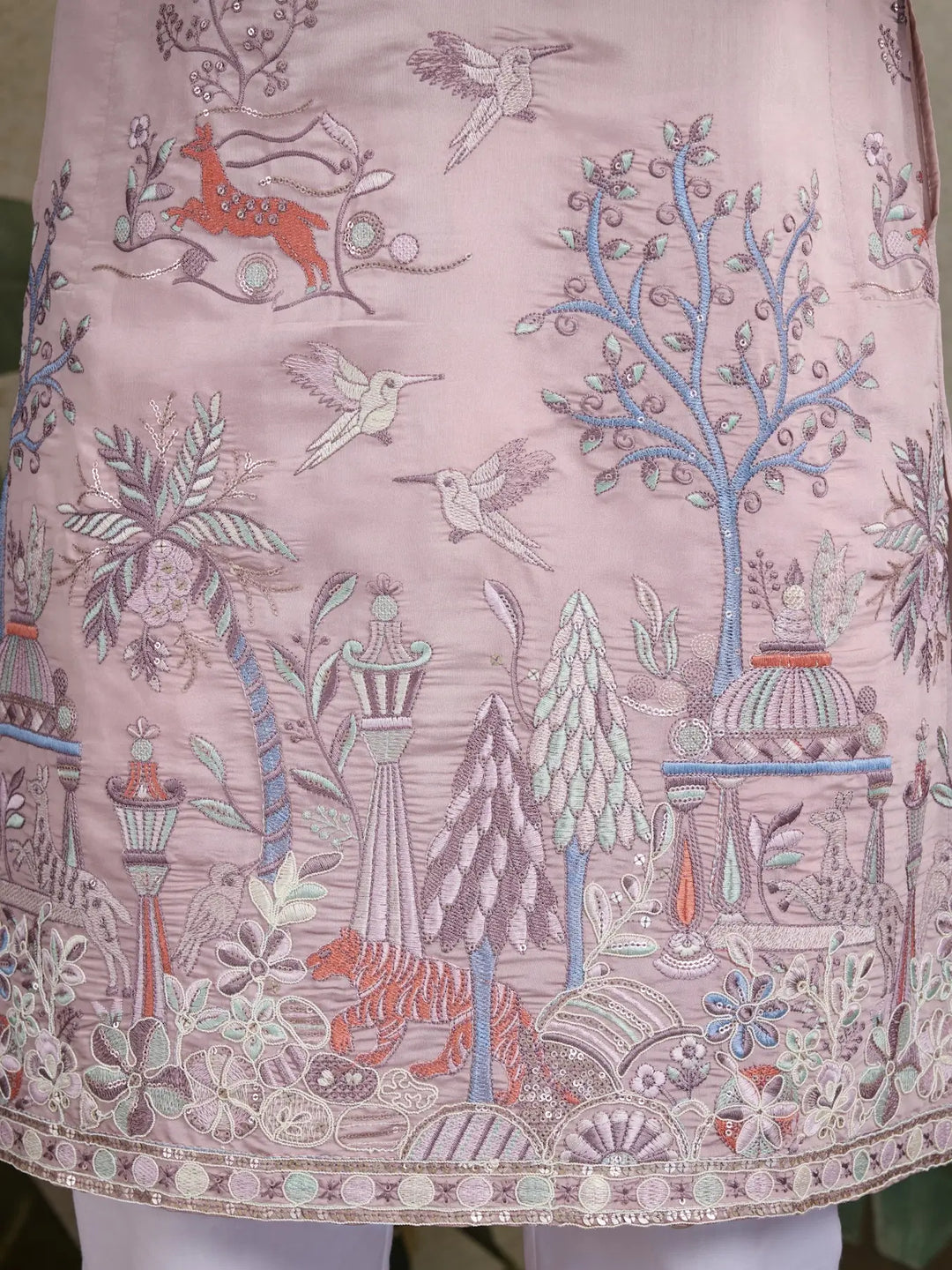 Peach Viscose Silk Thread & Sequence Embroidered Work Kurta With Pant - qivii