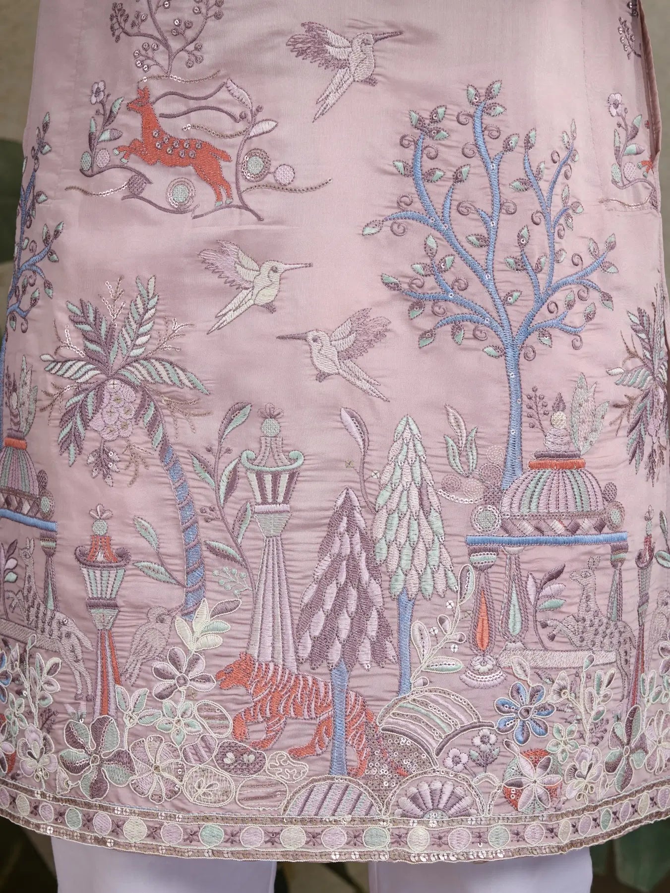 Peach Viscose Silk Thread & Sequence Embroidered Work Kurta With Pant