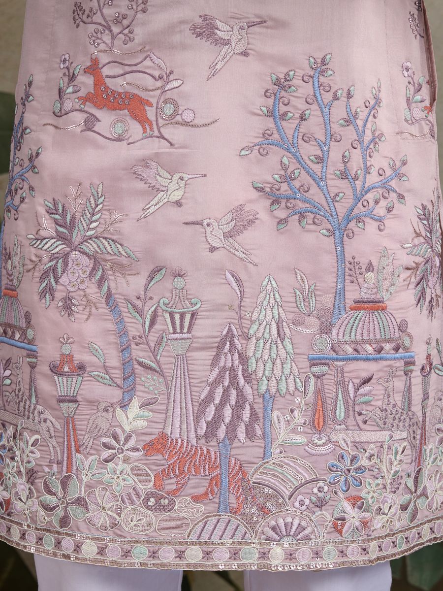 PEACH VISCOSE SILK THREAD & SEQUENCE EMBROIDERED WORK KURTA - qivii