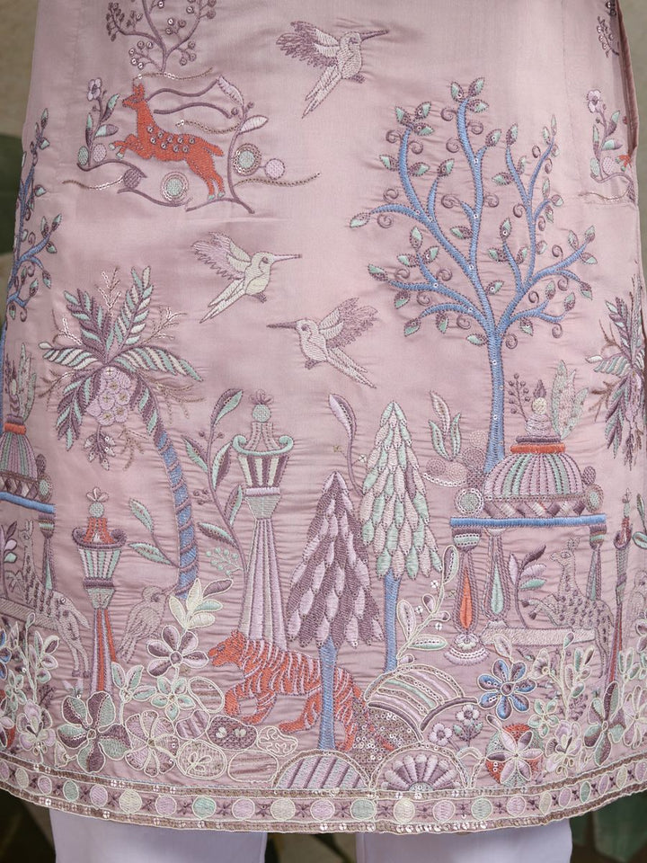 PEACH VISCOSE SILK THREAD & SEQUENCE EMBROIDERED WORK KURTA - qivii