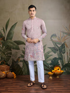 Peach Viscose Silk Thread & Sequence Embroidered Work Kurta With Pant