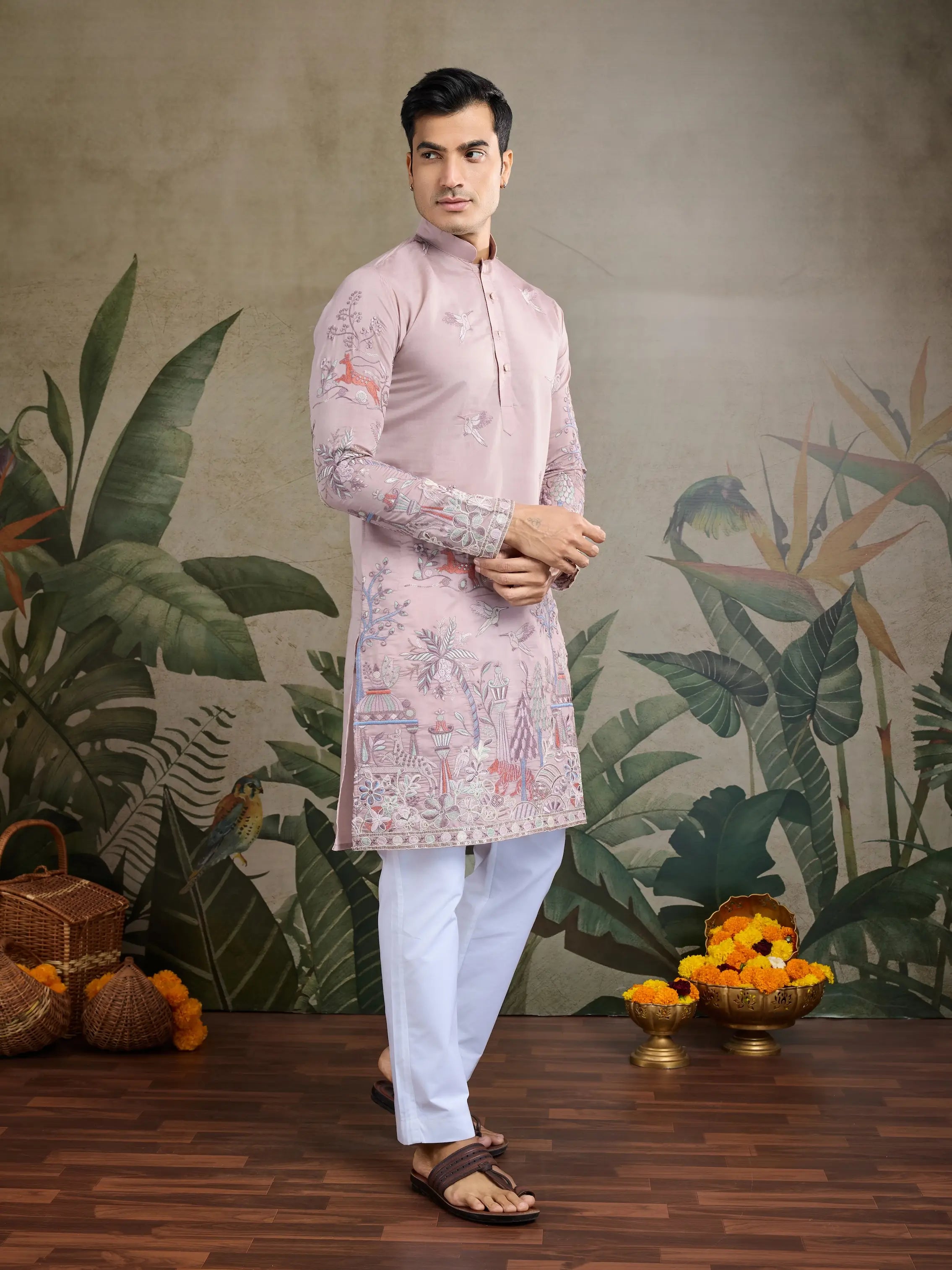 Peach Viscose Silk Thread & Sequence Embroidered Work Kurta With Pant