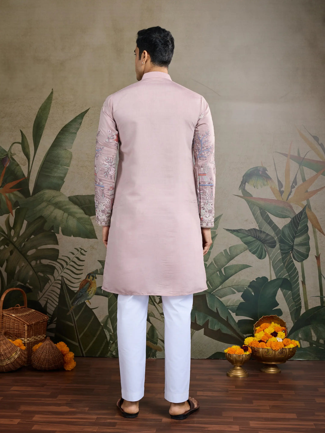 Peach Viscose Silk Thread & Sequence Embroidered Work Kurta With Pant - qivii