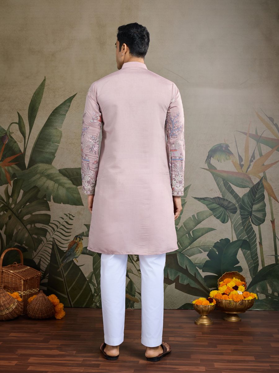 PEACH VISCOSE SILK THREAD & SEQUENCE EMBROIDERED WORK KURTA - qivii