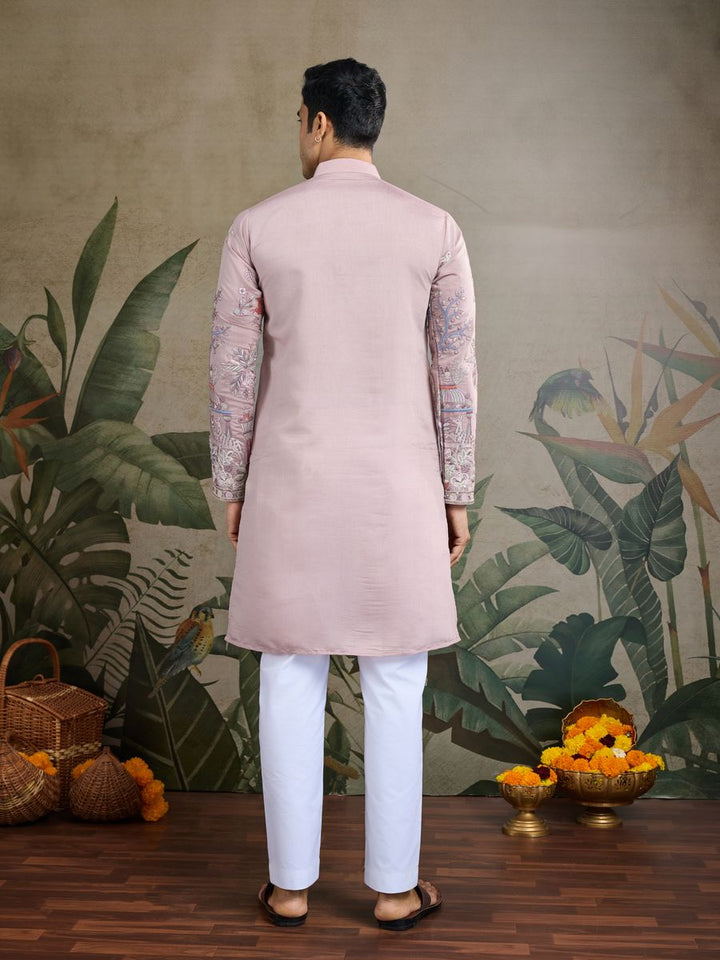 PEACH VISCOSE SILK THREAD & SEQUENCE EMBROIDERED WORK KURTA - qivii
