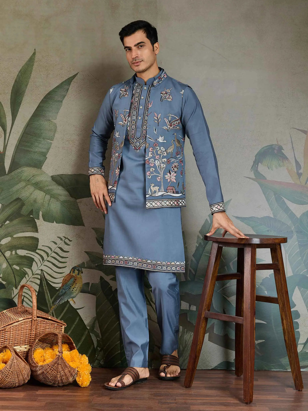 Blue Grey Silk Kurta Set With Thread Sequins Embroidery Work Koti(Jacket) - qivii