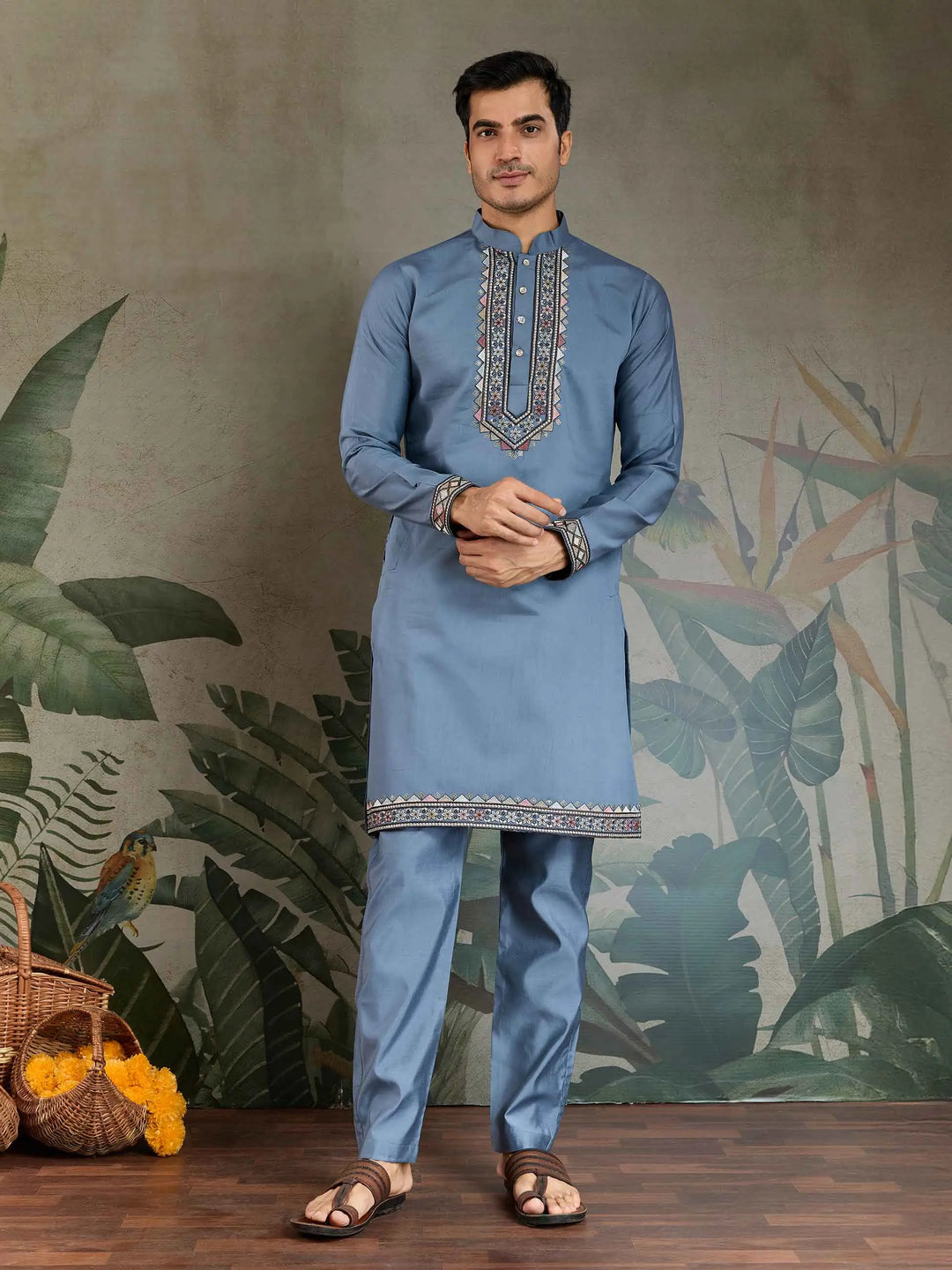 Blue Grey Silk Kurta Set With Thread Sequins Embroidery Work Koti(Jacket) - qivii