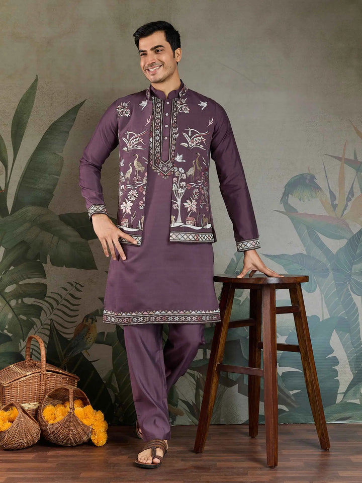 Rust Purple Thread Sequins Embroidery Work Wedding Wear Kurta And Koti(Jacket) - qivii