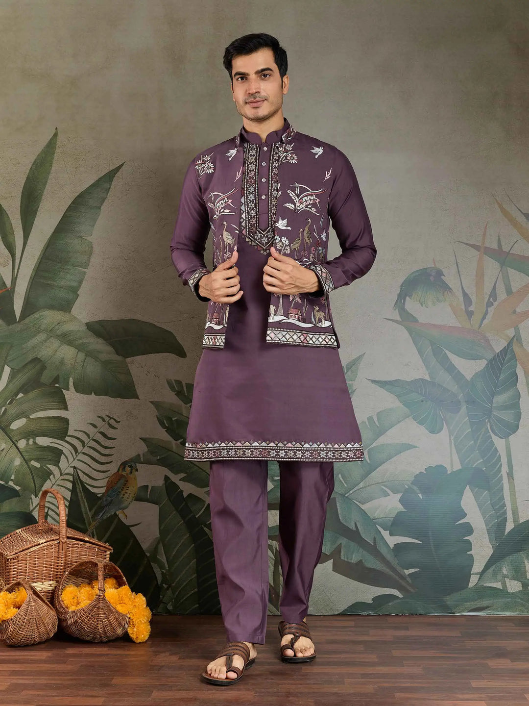 Rust Purple Thread Sequins Embroidery Work Wedding Wear Kurta And Koti(Jacket) - qivii