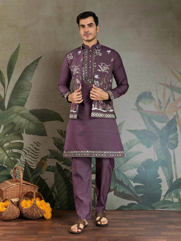 Rust Purple Thread Sequins Embroidery Work Wedding Wear Kurta And Koti(Jacket) - qivii