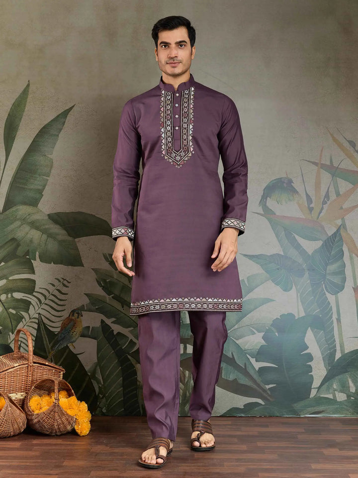 Rust Purple Thread Sequins Embroidery Work Wedding Wear Kurta And Koti(Jacket) - qivii