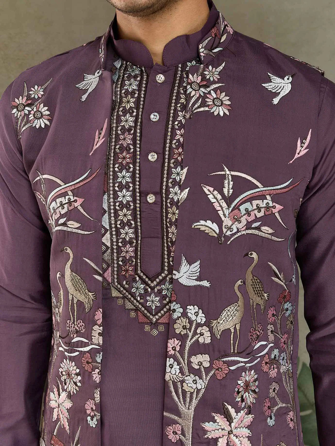 Rust Purple Thread Sequins Embroidery Work Wedding Wear Kurta And Koti(Jacket) - qivii