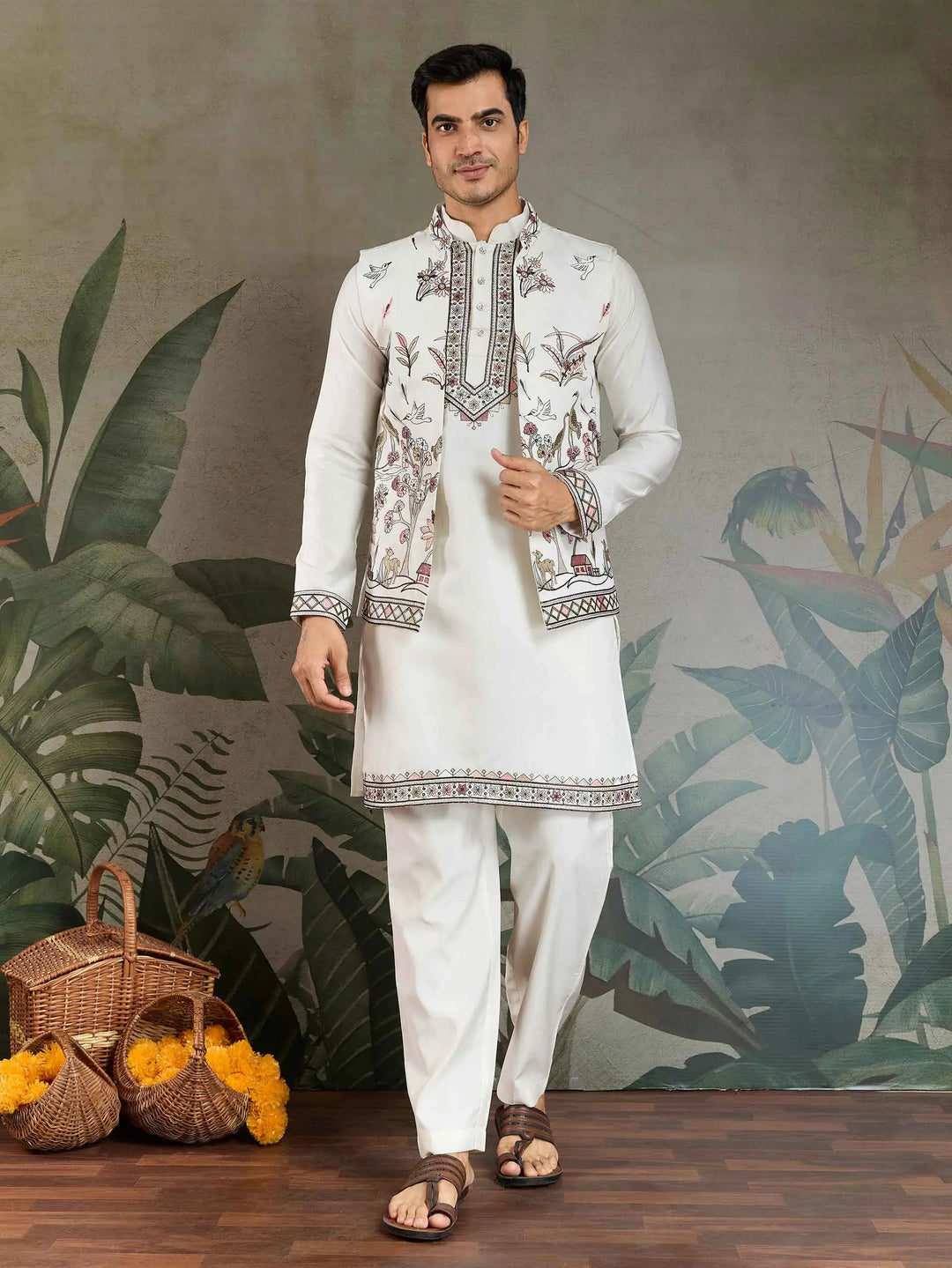 White Thread Sequins Embroidery Work Wedding Wear Silk Kurta And Jacket - qivii