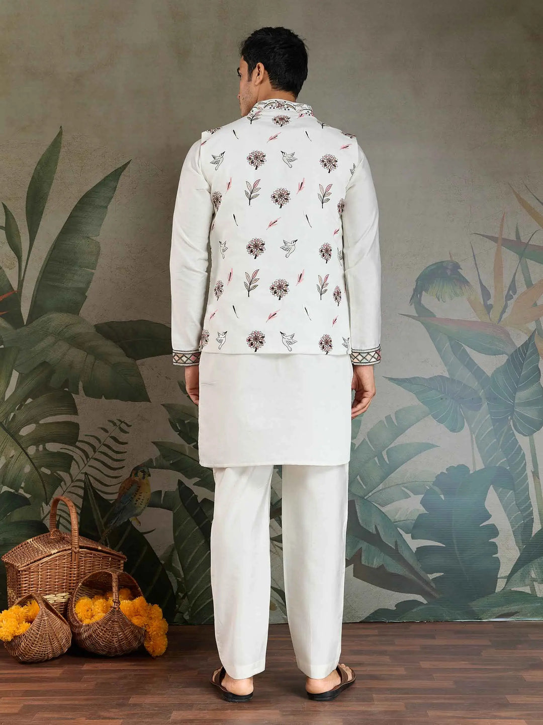 White Thread Sequins Embroidery Work Wedding Wear Silk Kurta And Jacket - qivii