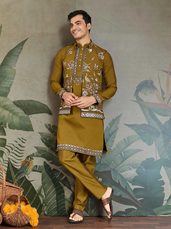 Golden Olive Silk Kurta Set With Thread Sequins Embroidery Work Koti(Jacket) - qivii