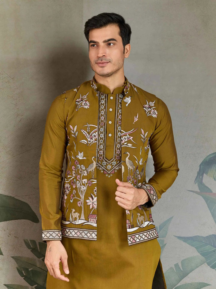 Golden Olive Silk Kurta Set With Thread Sequins Embroidery Work Koti(Jacket) - qivii