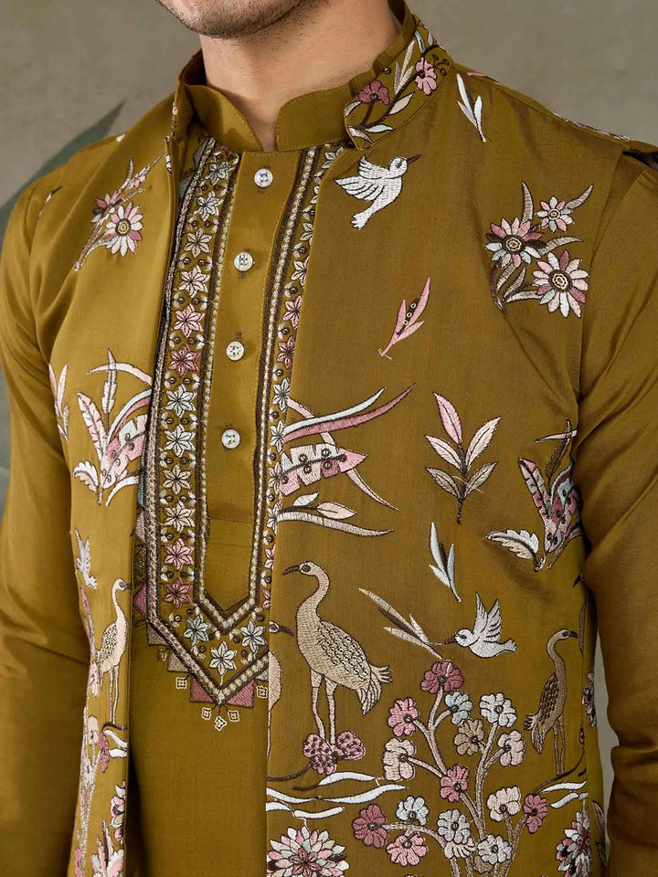Golden Olive Silk Kurta Set With Thread Sequins Embroidery Work Koti(Jacket) - qivii