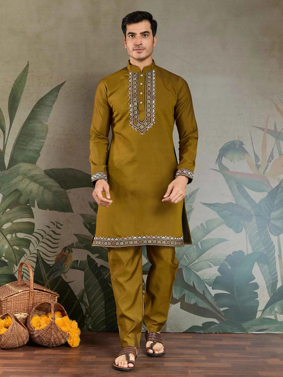Golden Olive Silk Kurta Set With Thread Sequins Embroidery Work Koti(Jacket) - qivii