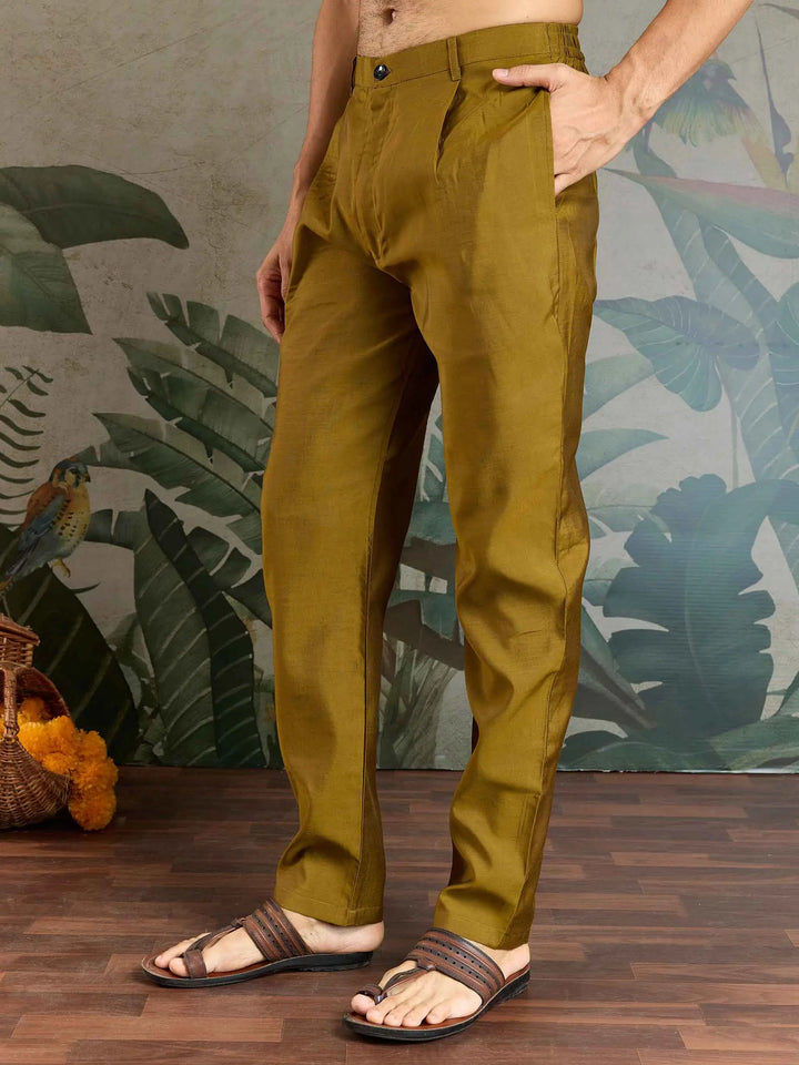 Golden Olive Silk Kurta Set With Thread Sequins Embroidery Work Koti(Jacket) - qivii