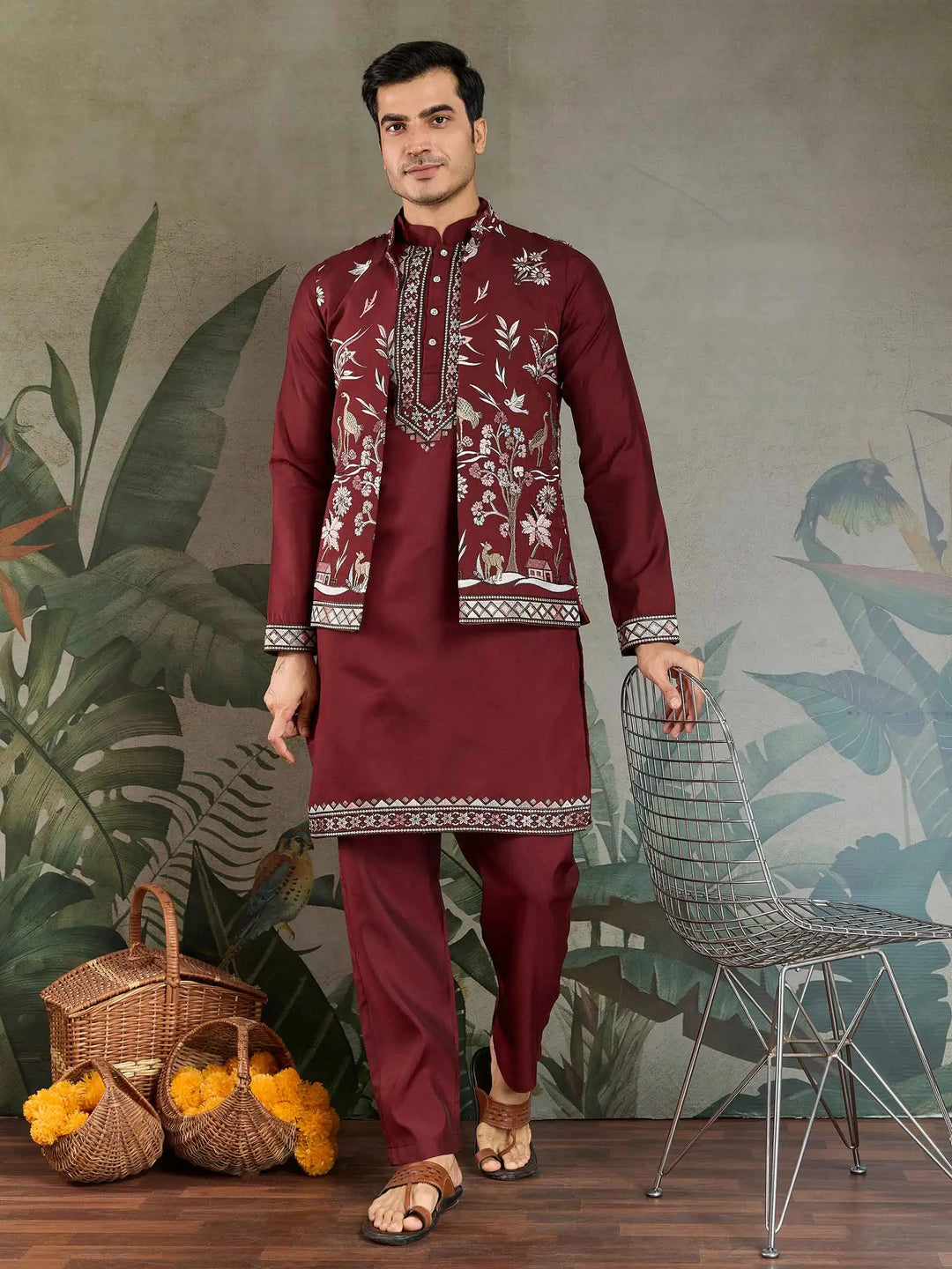 Maroon Wedding Wear Thread Sequins Embroidery Work Kurta And Koti(Jacket) - qivii