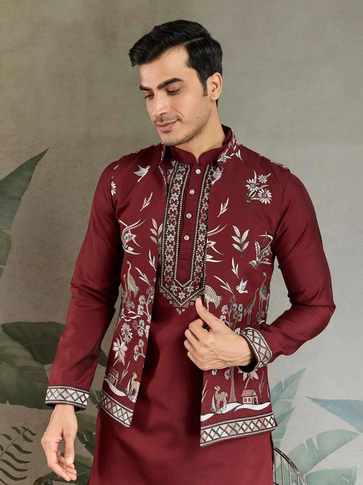 Maroon Wedding Wear Thread Sequins Embroidery Work Kurta And Koti(Jacket) - qivii